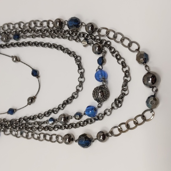Multi-Layer Chain Necklace Gunmetal Gray Blue Five Strand - Picture 2 of 9